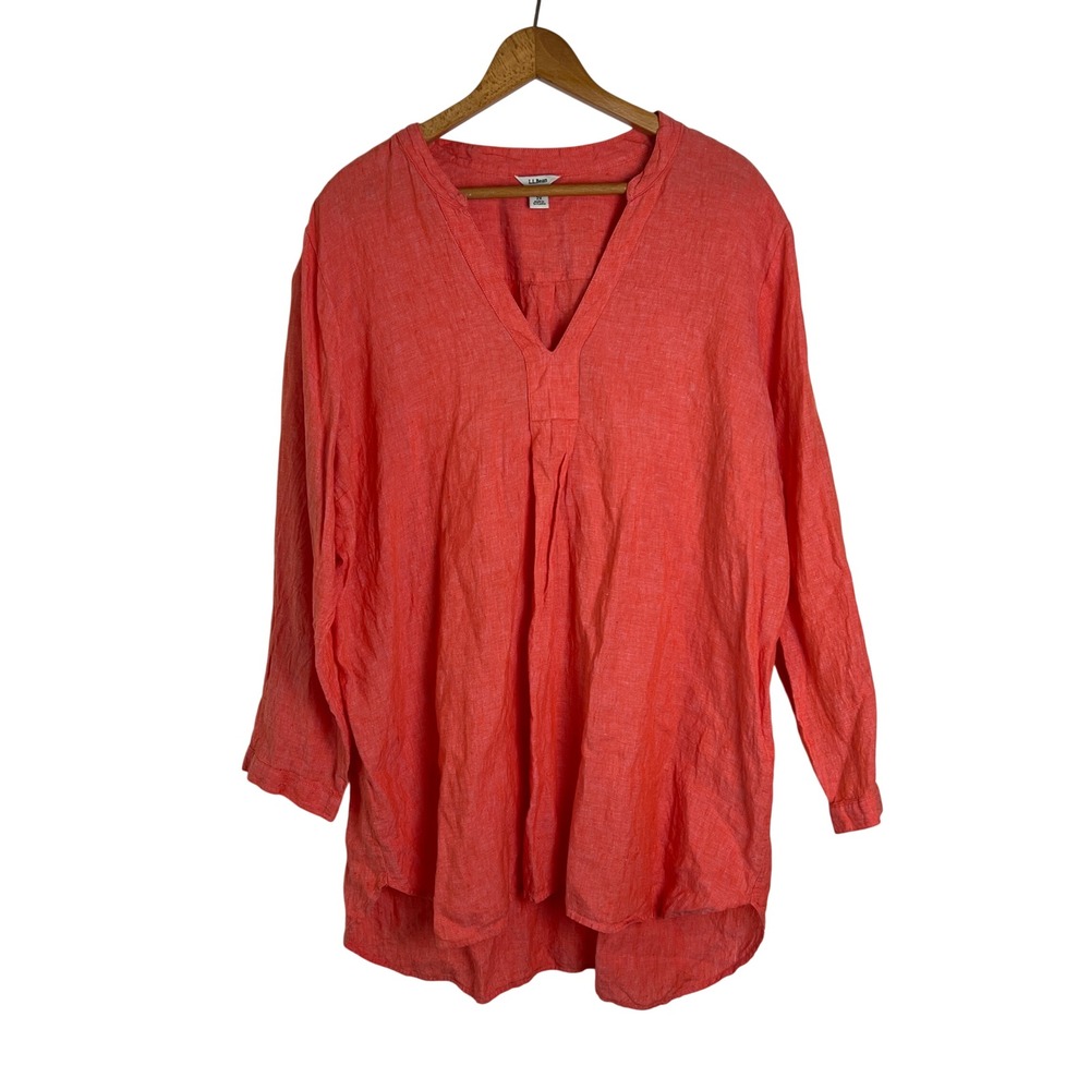 LL Bean Womens 2X Linen Tunic Top Coral V-Neck‎ High Low Hem Coastal Resort